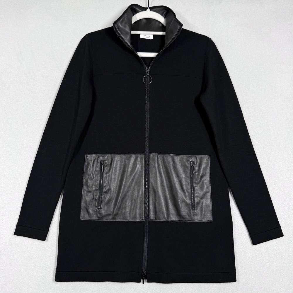 AKRIS Punto Sweater Womens 4 Black Wool Full Zip Cardigan Jacket Faux Leather